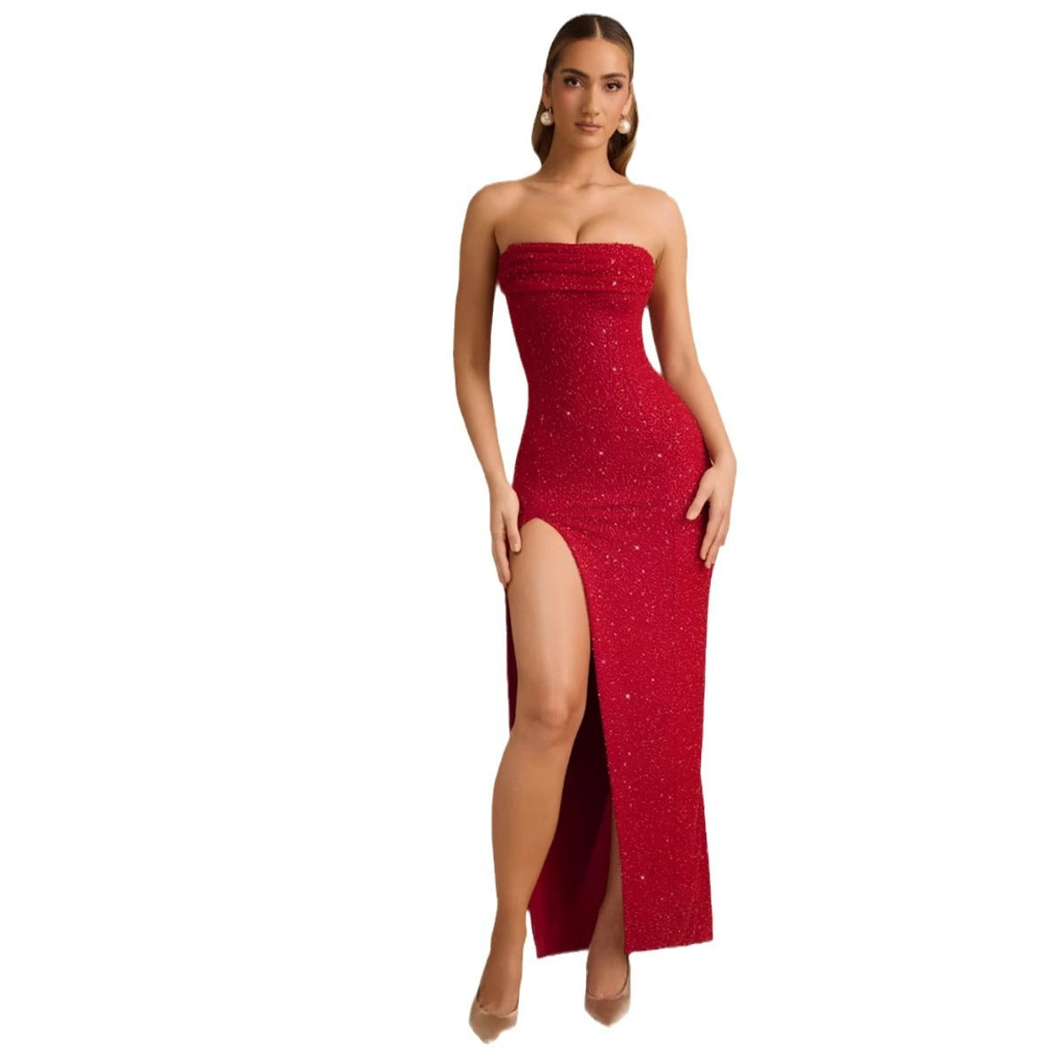 Sequin Tube-top Split Maxi Dress
