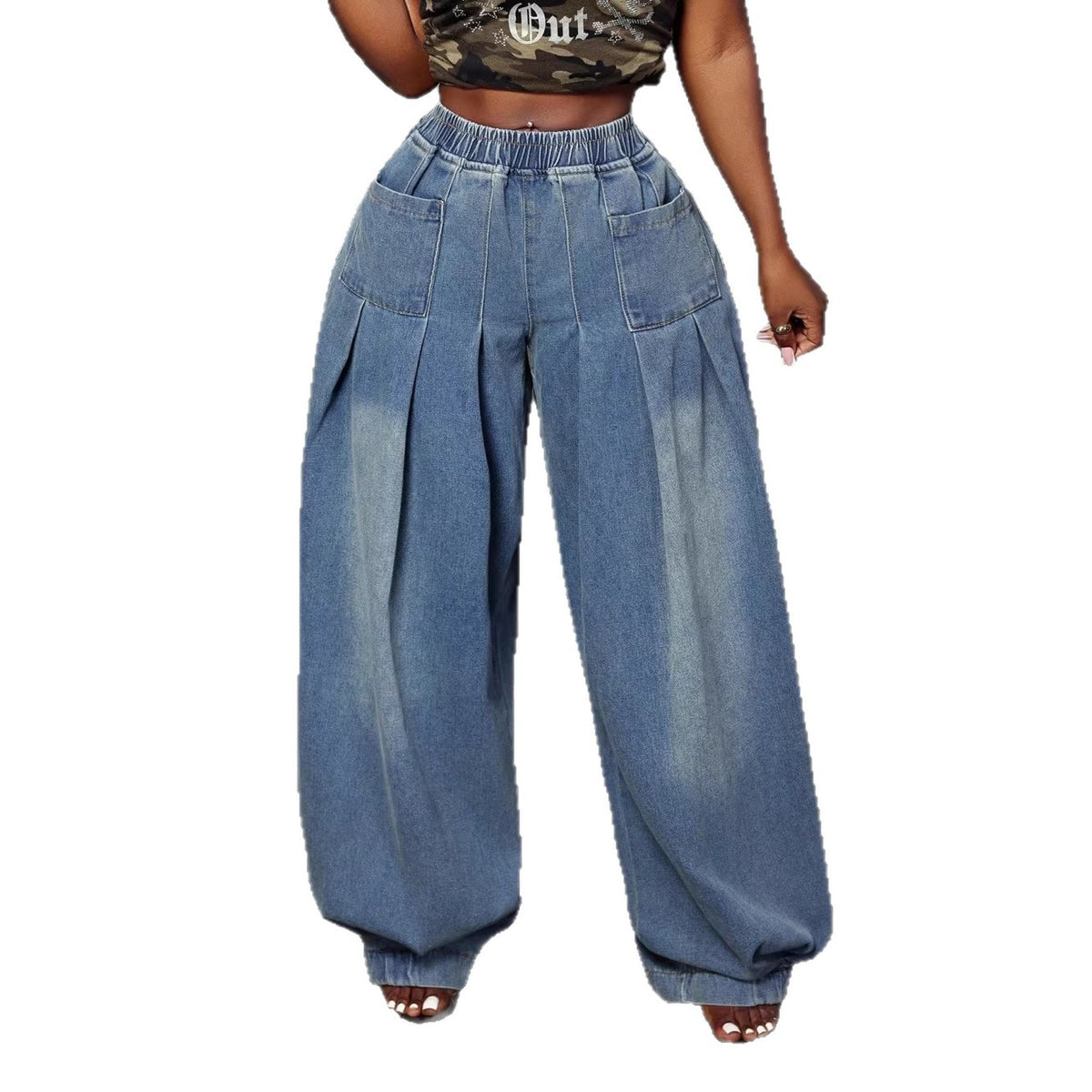 Vintage Washed Blue Wide-Leg Denim Pants