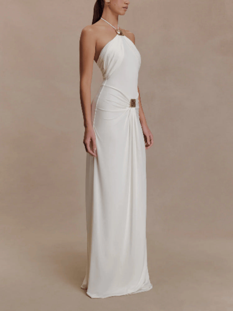 LUXURY AURA Elegant Halter Neck Long Dress with Flowing Belt