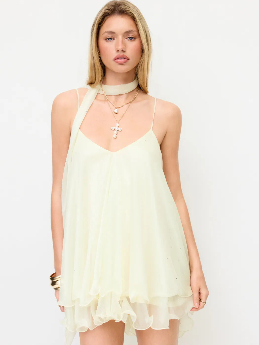 LUXURY AURA Sparkle Knit Halter Dress with Leaf Edge