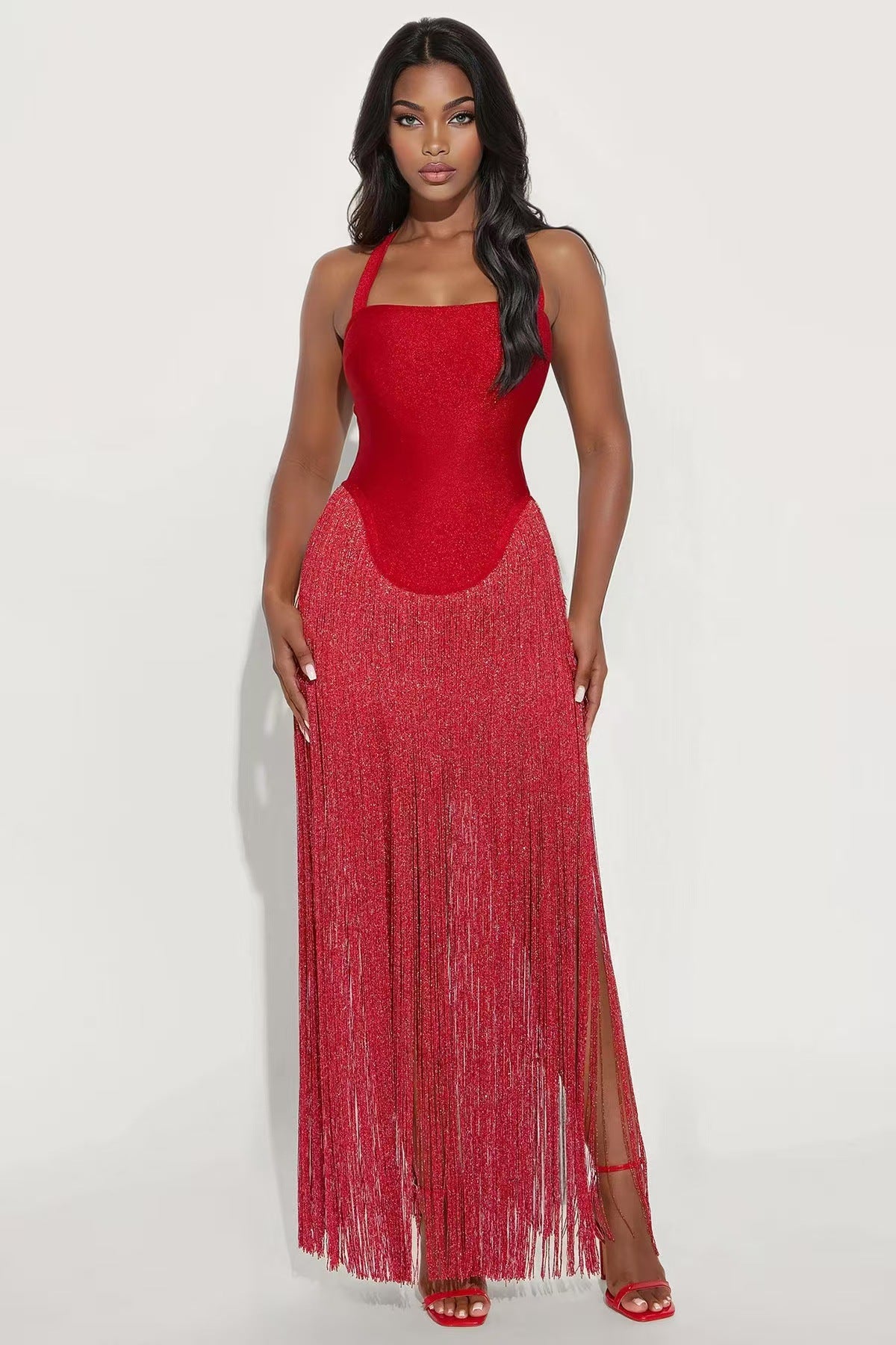 Women's Sexy Tube Top Halterneck Tassel Hip-Covering Long Skirt Dress