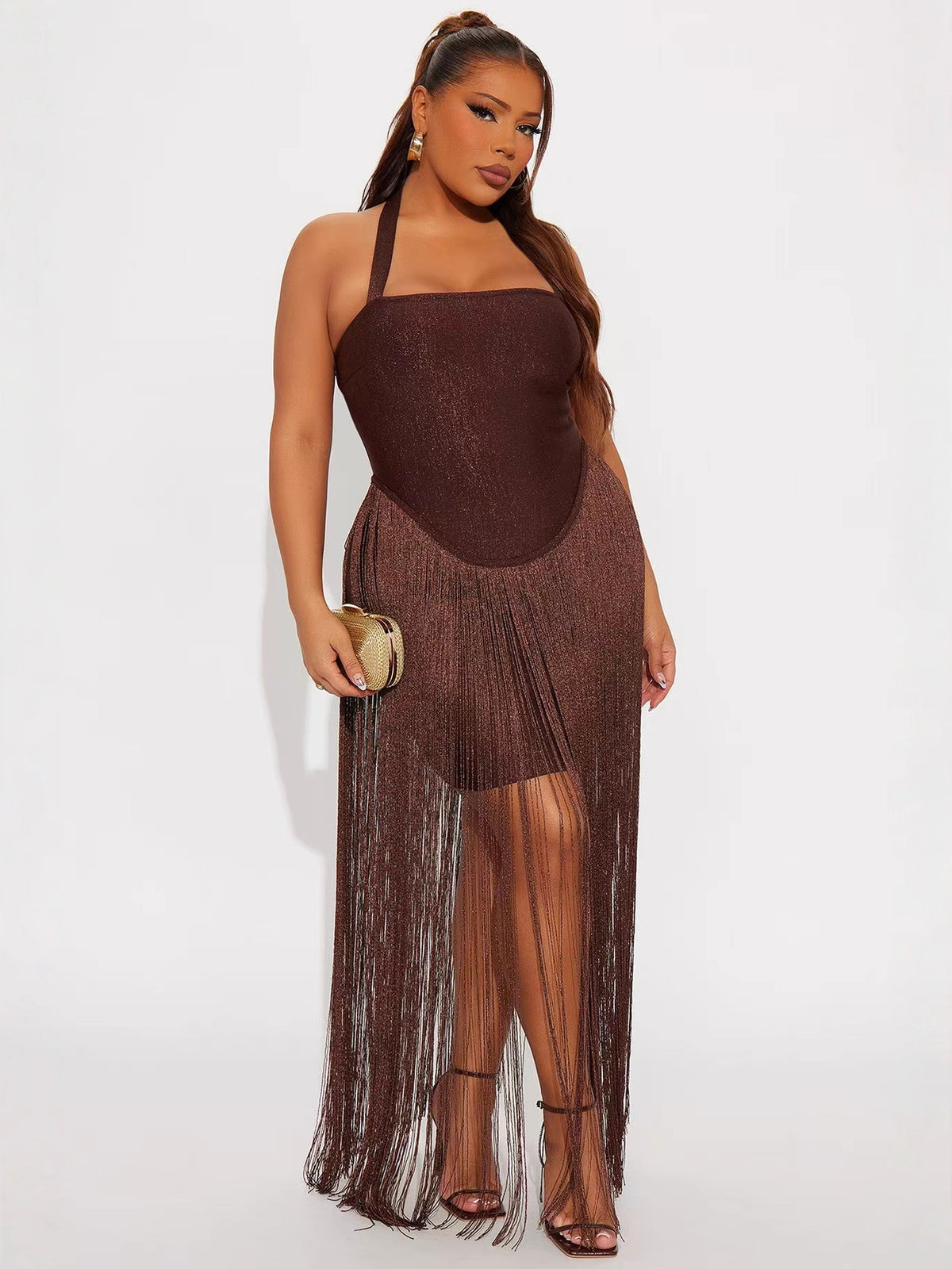 Women's Sexy Tube Top Halterneck Tassel Hip-Covering Long Skirt Dress