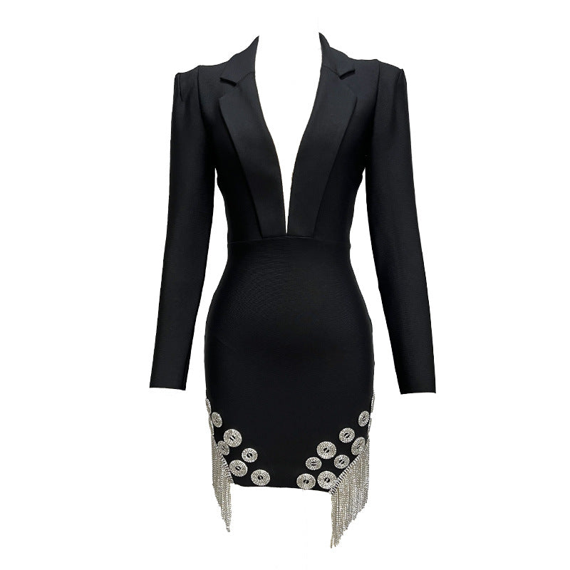 LUXURY AURA Black Diamond Suit Collar Bandage Dress