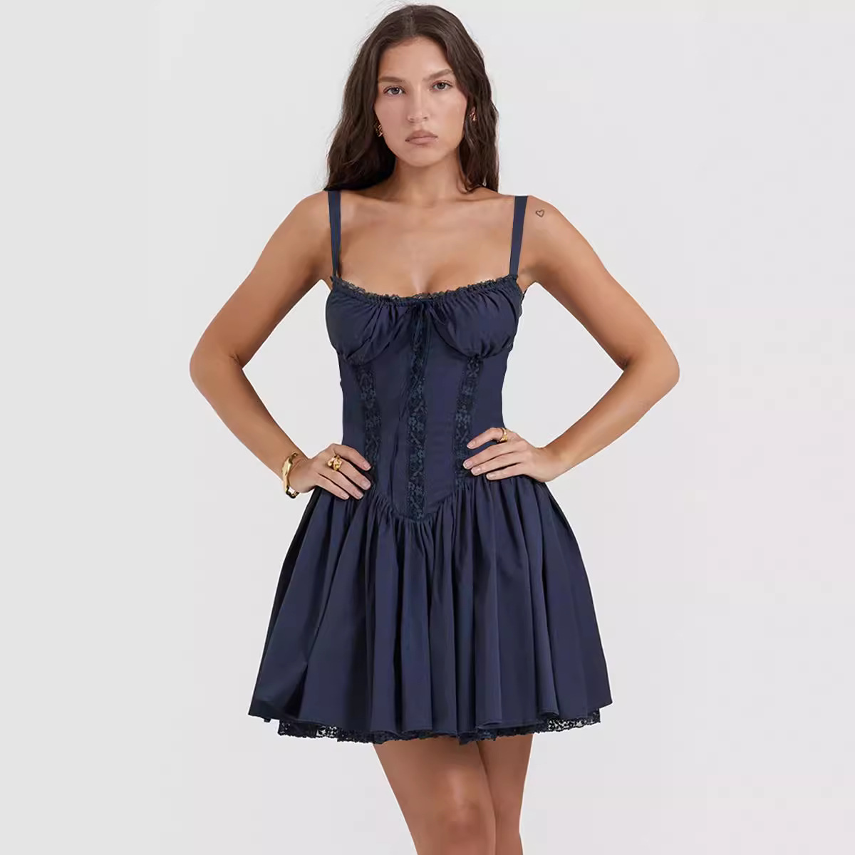 Lace-Up Pleated Swing Dress