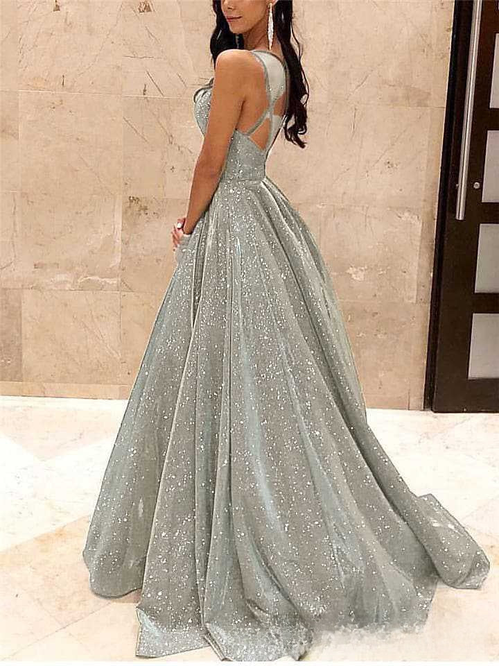 LUXURY AURA Women Sequined V-Neck Sleeveless Long Dress Evening Party Gown