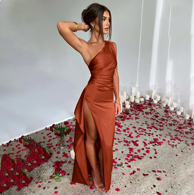 Satin One-Sleeve Slit Gown