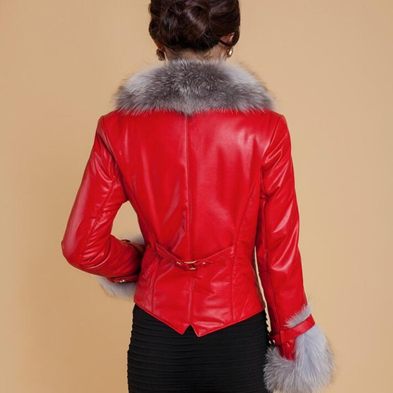 Women's Short Faux Leather Coat with Fox Fur Collar