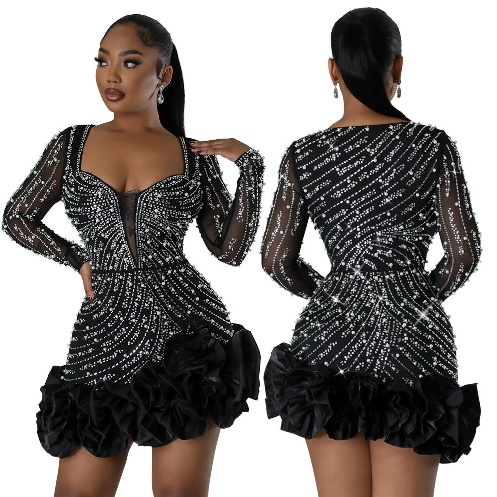LUXURY AURA Drilling Bubble Beads Dress Women Long Sleeve Square Collar