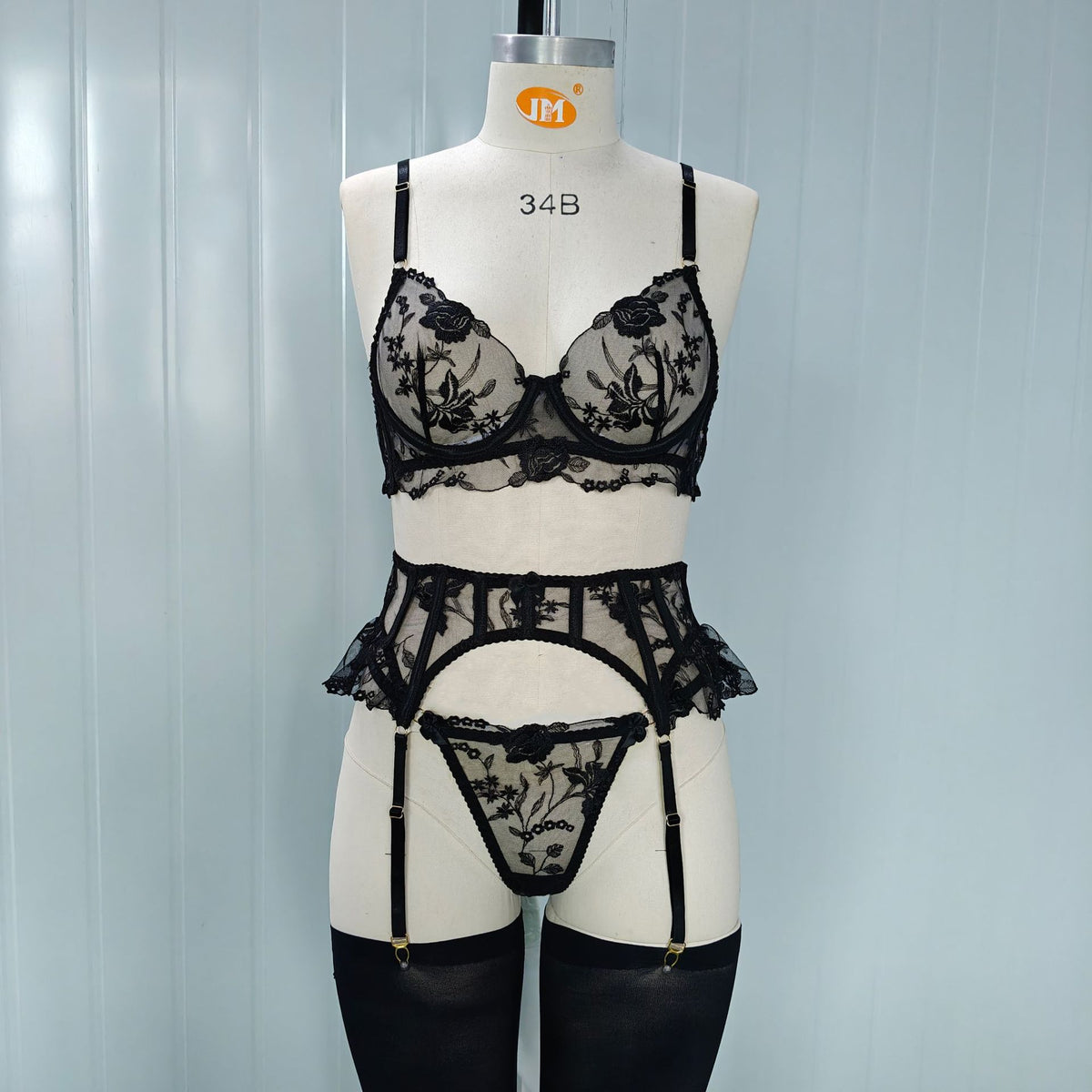 LUXURY Floral Embroidery Lingerie Set with Garter Belt