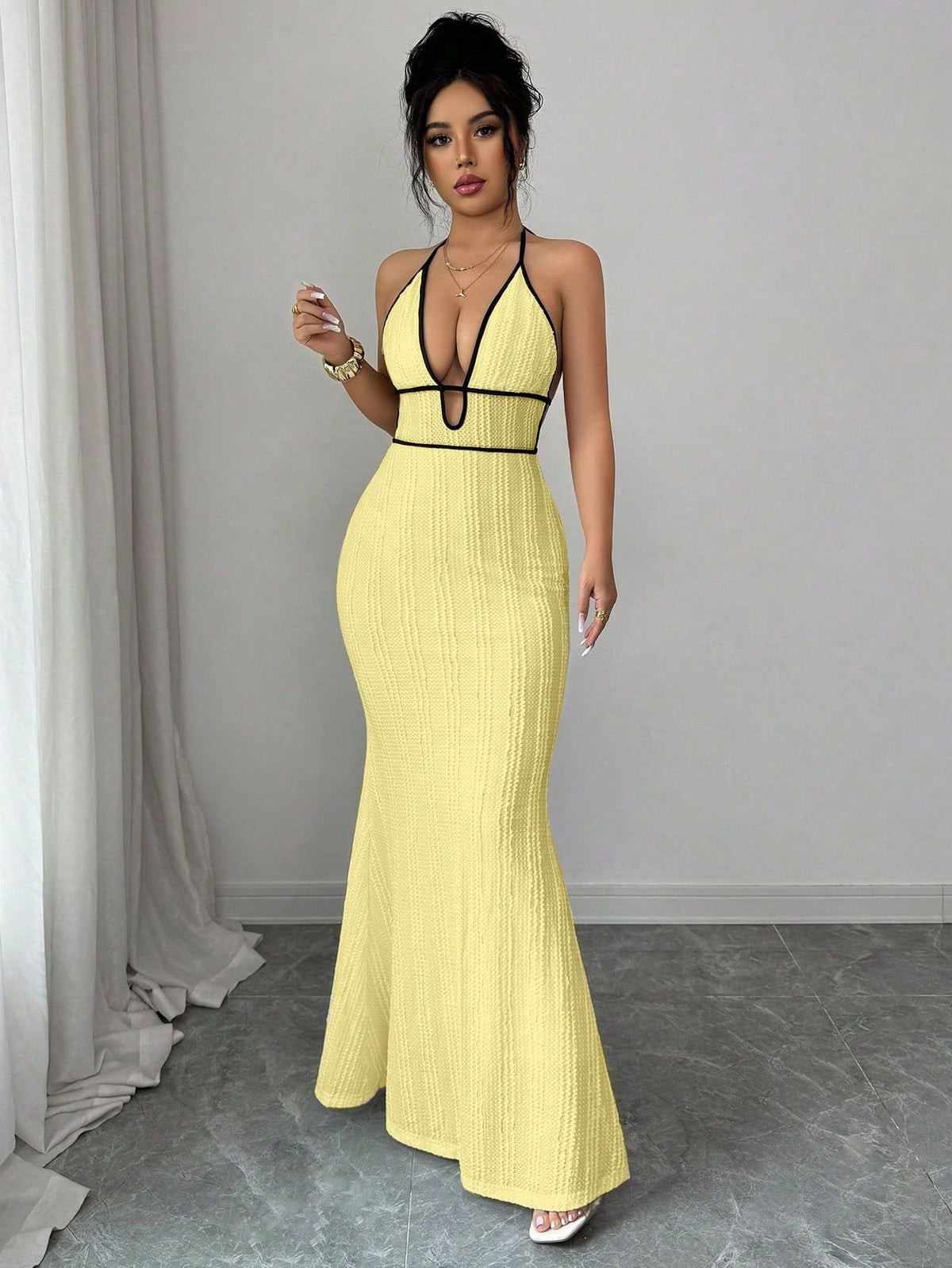 LUXURY AURA Deep V open-back fitted halter dress
