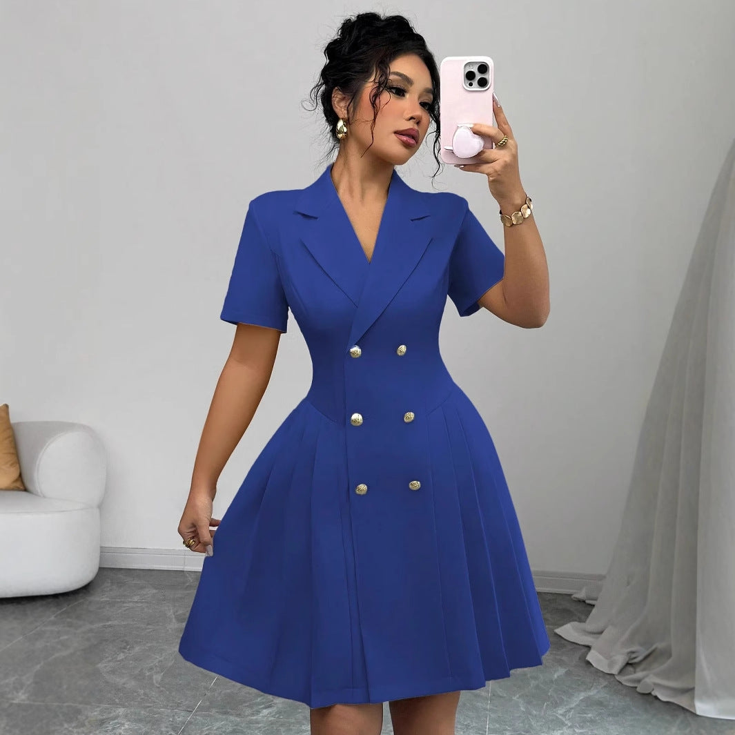 Short Sleeve Solid Color Waist Double Breasted Dress