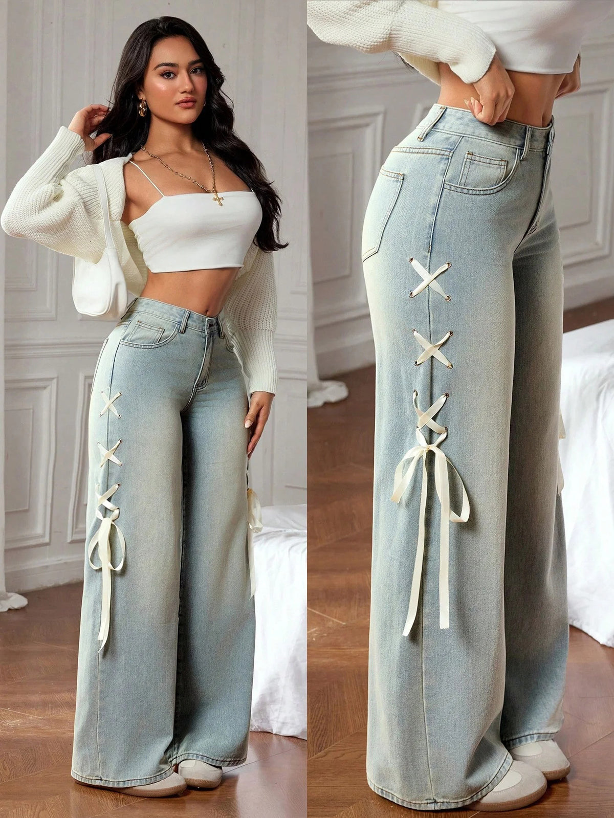 Luxe Women's Wide-Leg Denim Jeans with Side Ribbon