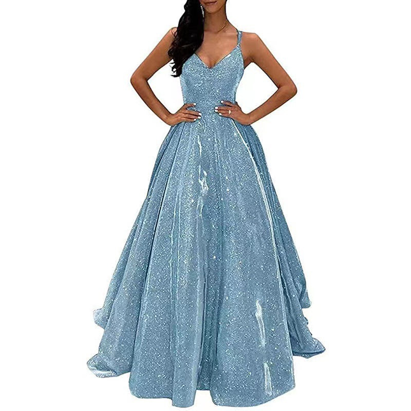 LUXURY AURA Women Sequined V-Neck Sleeveless Long Dress Evening Party Gown