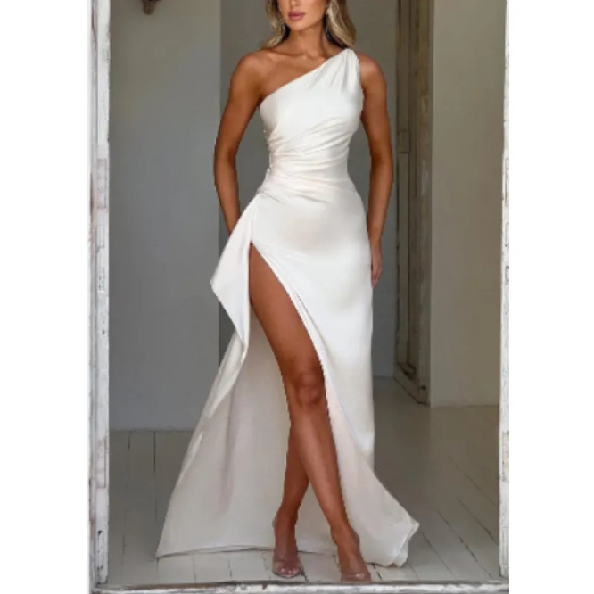 Satin One-Sleeve Slit Gown