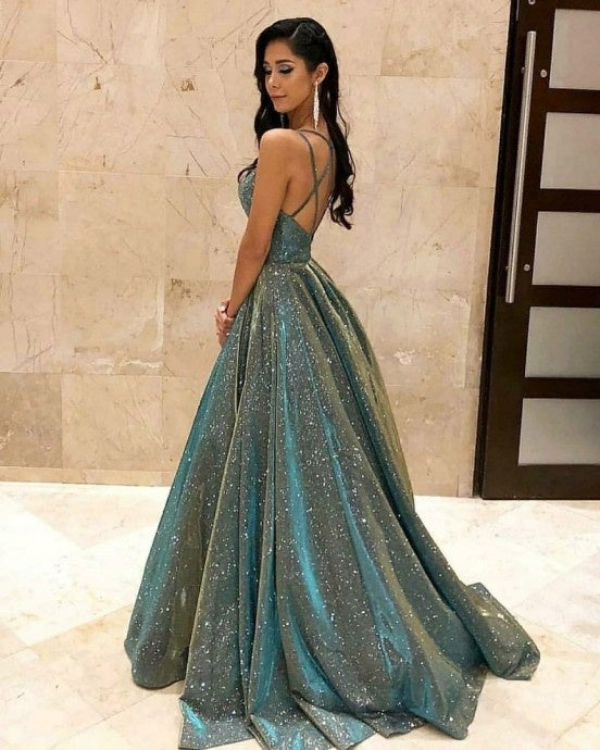 LUXURY AURA Women Sequined V-Neck Sleeveless Long Dress Evening Party Gown